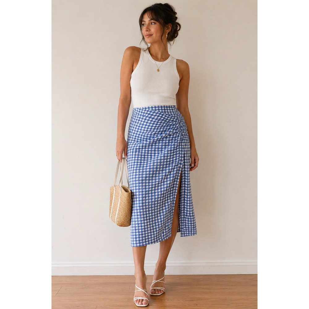 Zara Blue Gingham Ruched Slit Pencil Midi Skirt L Cottage Coastal Summer Chic